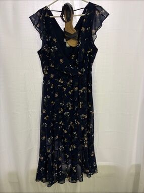 APRICOT Navy Floral Wrap Midi Dress with Ruffle Hem